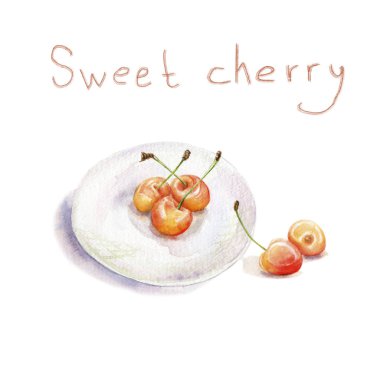 beyaz bir tabak üzerinde tatlı kiraz suluboya çizim