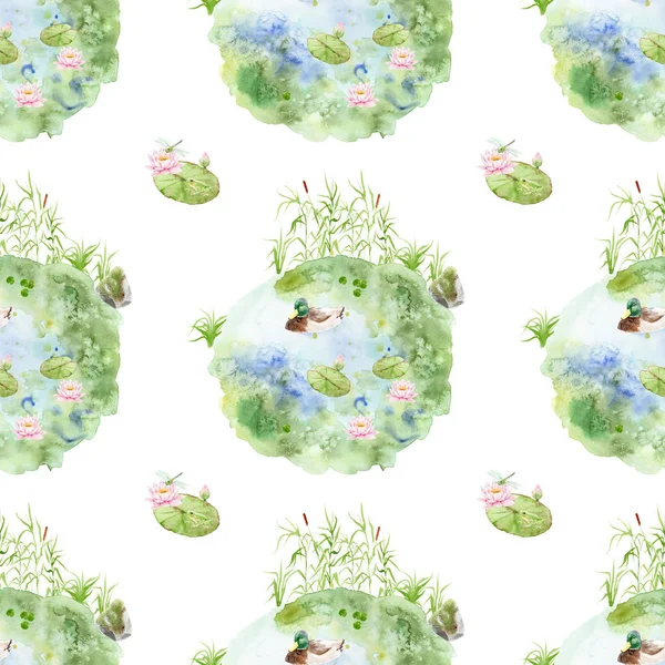 Watercolor drawing Pond, lake, swamp - seamless pattern — Stock Photo, Image