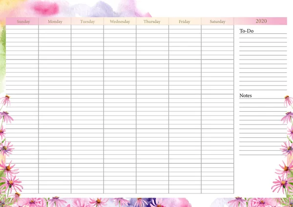 Kalendář-plocha na stole s Echinacea a barevnými skvrnami — Stock fotografie