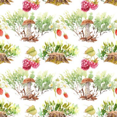 bitki ve meyve ile orman teması üzerinde suluboya dikişsiz desenler