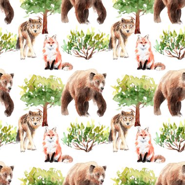 hayvanlar ve bitkiler ile suluboya orman dikişsiz desen