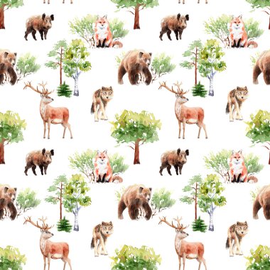 hayvanlar ve bitkiler ile suluboya orman dikişsiz desen