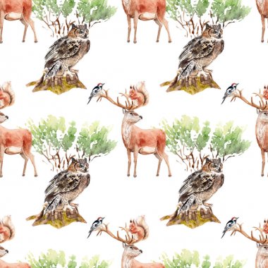 hayvanlar ve bitkiler ile suluboya orman dikişsiz desen