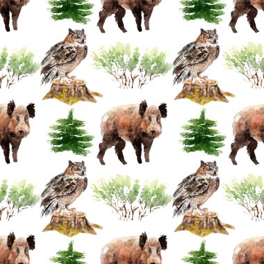 hayvanlar ve bitkiler ile suluboya orman dikişsiz desen