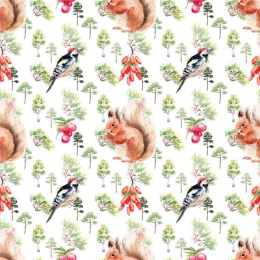 hayvanlar ve bitkiler ile suluboya orman dikişsiz desen