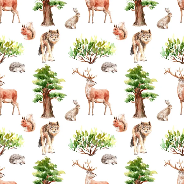 동물과 식물수채화 숲 원활한 패턴 — 스톡 사진