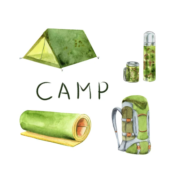 Kamp için suluboya seti - çadır, termomug, halı, sırt çantası — Stok fotoğraf