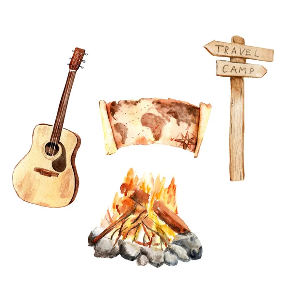 Akvarová množina kemp-mapa, kytara, Bonfire, ukazatel — Stock fotografie