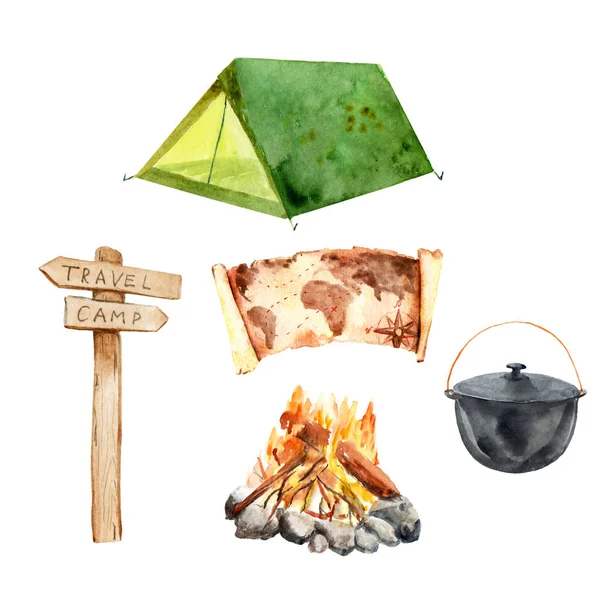 Akvarell Camping set-tält, pekare, karta, brasa, kittel — Stockfoto