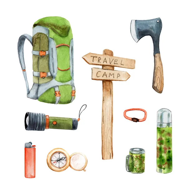 Akvarell Camping set-ryggsäck, AX, pekare, ficklampa, ljusare, kompass, termos, mugg — Stockfoto