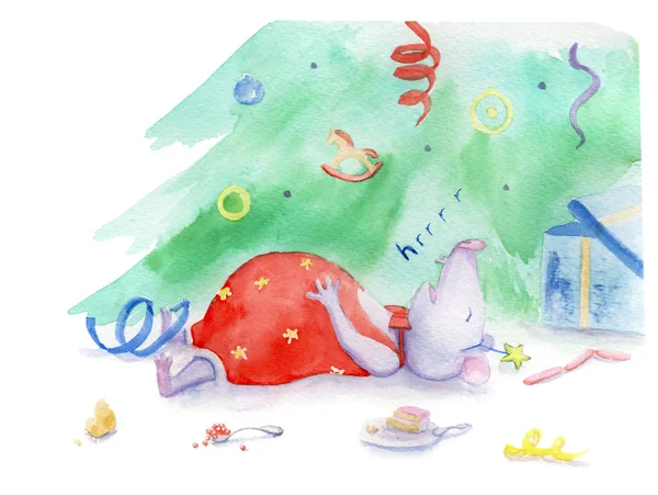 Akvarell rajz-karácsonyi egér a karácsonyfa alatt ajándékokat — Stock Fotó