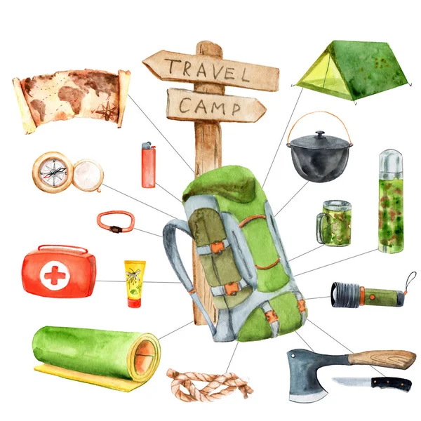 watercolor drawing - camping set that you need to take with you