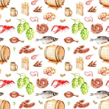 watercolor seamless pattern, beer set for oktoberfest