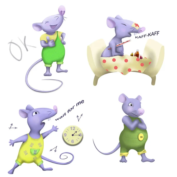 Cyfrowe rysunki myszy: wszystko jest dobrze im chory im późno zły — Zdjęcie stockowe