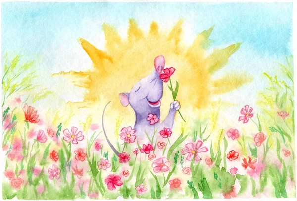 Watercolor drawing - adventures of a mouse on a flower meadow — Stock Photo, Image