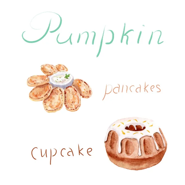 Aquarell-Zeichnung von Herbstfrüchten - Kürbispfannkuchen und Cupcake — Stockfoto