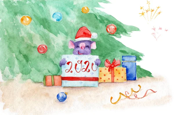 Акварельный рисунок - рождественская мышь под елкой с подарками — стоковое фото