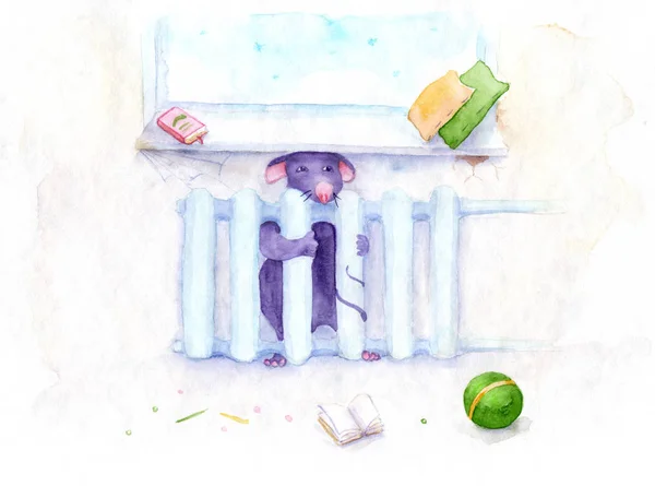 Akvarell rajz-kaland az egér hideg időjárás, meleg akkumulátor — Stock Fotó