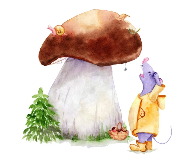 Dessin à l'aquarelle - aventures d'une cueillette de champignons de souris, champignon géant — Photo