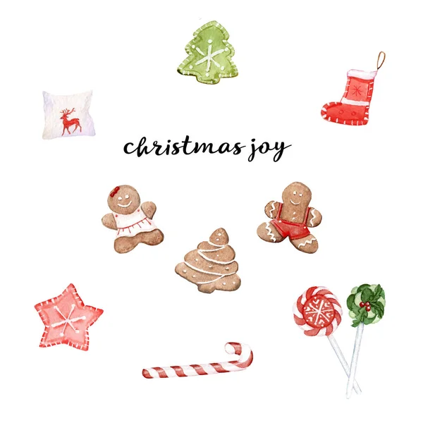 Акварельний набір різдвяних предметів, цукерок, прикрас — стокове фото