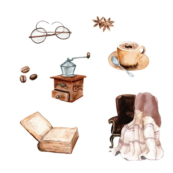 El juego de la acuarela - la soledad: la silla con la tela escocesa, el libro, los vasos, el café, el molinillo de café, las especias — Foto de Stock