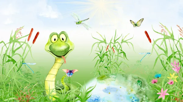 Akvarel Ilustrace Rybníkem Rákosím Vážky Motýly Sketch Had Dětský Příběh — Stock fotografie