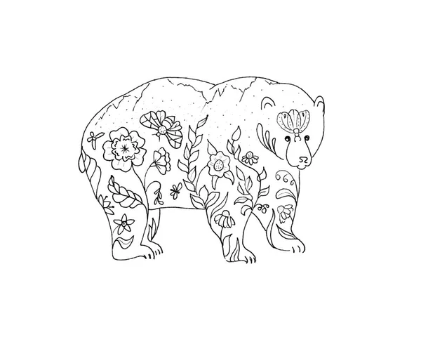 hand drawing - illustration of a bear in flowers, contour for coloring