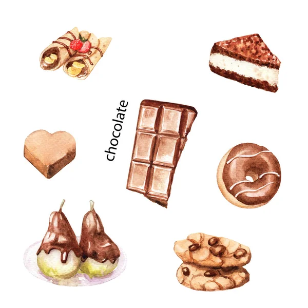 Dibujos Productos Acuarela Platos Con Chocolate Set —  Fotos de Stock