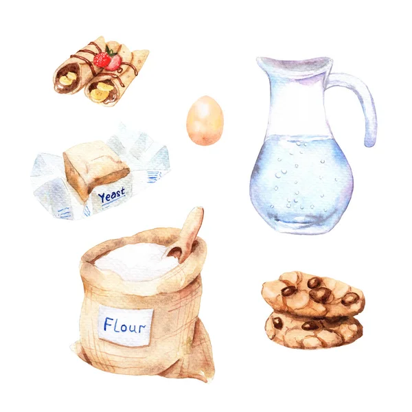 Watercolor Drawings Food All You Need Cooking Pancakesset — Stock Photo, Image