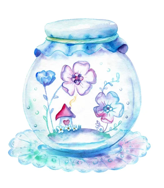 Akvarell Rajz Élet Bankban Ház Virágok Vázlat — Stock Fotó