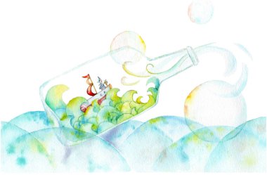 Suluboya çizimi - şişe, deniz, dalgalar içindeki bir teknenin çizimi