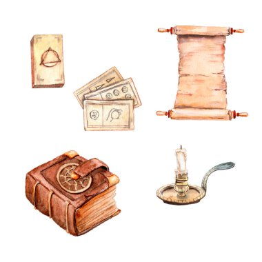 watercolor drawings - witchcraft, book, candle, tarot cards letter Set clipart