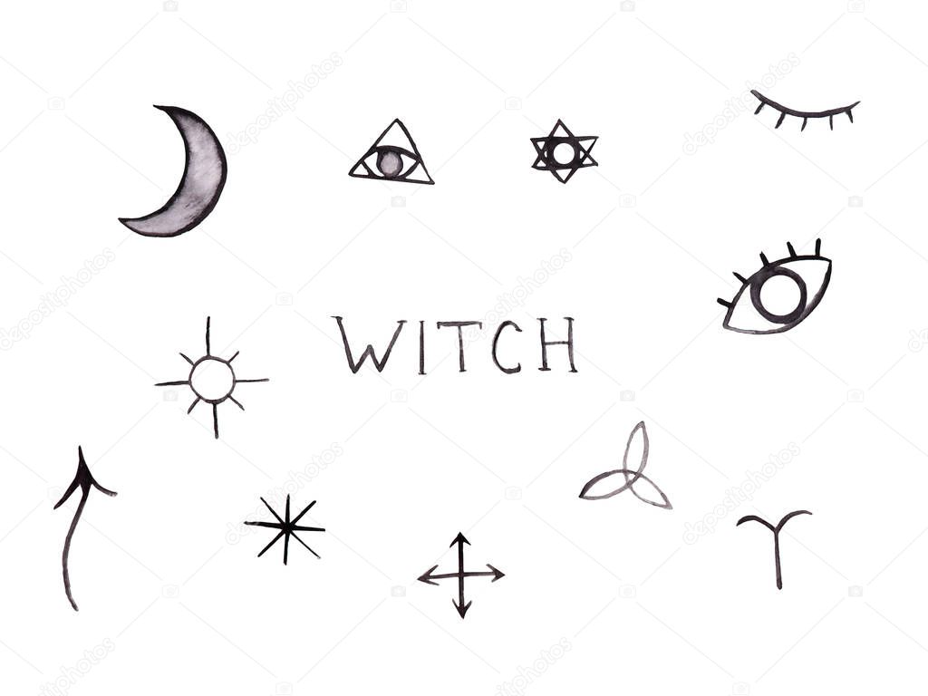 Watercolor drawings - witchcraft symbols and signs Set Sketch