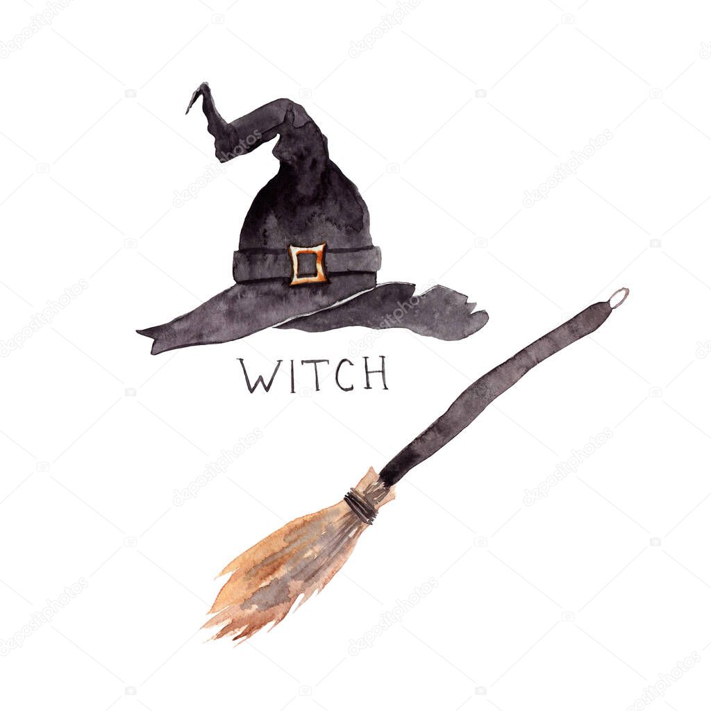 watercolor drawings - witchcraft, witch hat and broom Set