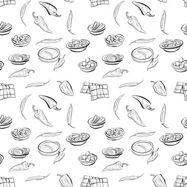 Ölüler Günü. Bir Meksika festivalinin çizgi çizimi. Kusursuz desen. Acı biber, Meksika atıştırmalığı.