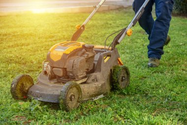 Bahçede çim biçme makinesi olan bir bahçıvan.. 