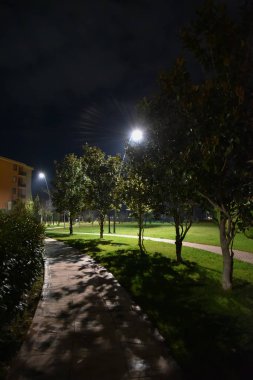Şehirde gece parkı yolu ile lambalar ile aydınlatılmış