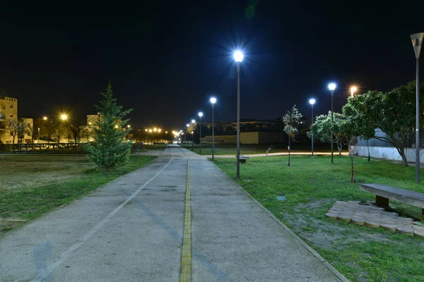 Caminho Bicicleta Noturna Cidade Iluminado Por Lâmpadas — Fotografia de Stock