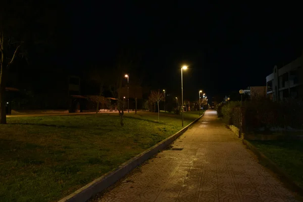 Ночная Велосипедная Дорожка Городе Освещенная Лампами — стоковое фото