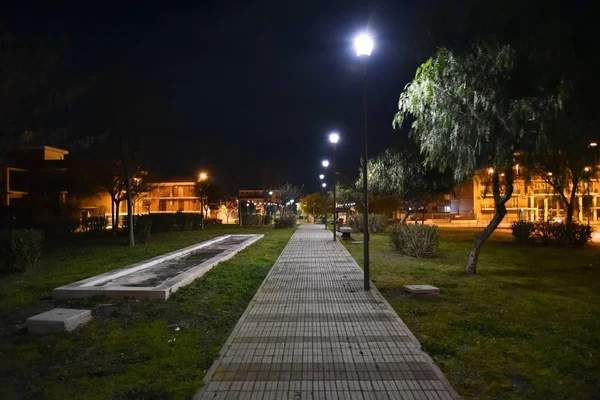 Şehirde gece parkı yolu ile lambalar ile aydınlatılmış