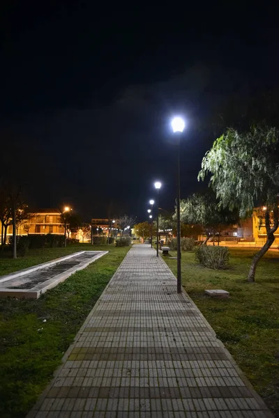 Parque Nocturno Ciudad Iluminado Por Lámparas Con Camino —  Fotos de Stock