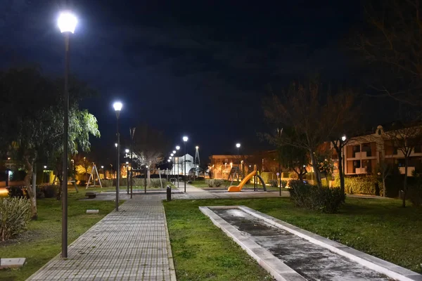 Parque Noturno Cidade Iluminado Por Lâmpadas Com Caminho — Fotografia de Stock