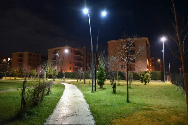 Şehirde gece parkı yolu ile lambalar ile aydınlatılmış