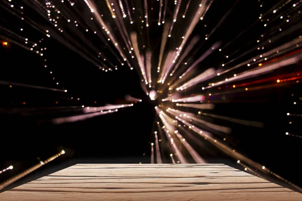 Ξύλινο Τραπέζι Bokeh Διακοσμητικά Φώτα Φόντο Επίδραση Ζουμ Ζουμ Έκρηξη — Φωτογραφία Αρχείου