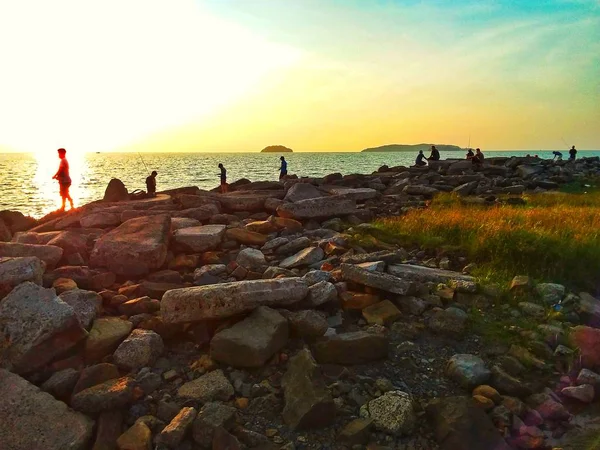 Bela Paisagem Pôr Sol Praia Tanjung Aru Kota Kinabalu Sabah — Fotografia de Stock