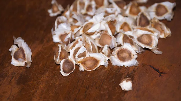 Arka plan olarak Moringa oleifera seedson tahta masayı kapatın