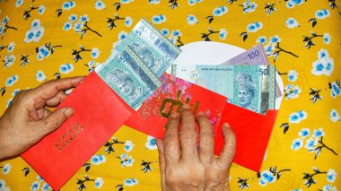 Rm100, Rm50 notlar, Malezya para kırmızı paket para birimiyle holding kadınlar eller. Seçilen odak. Yakın çekim.