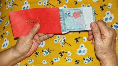 Rm100, Rm50 notlar, Malezya para kırmızı paket para birimiyle holding kadınlar eller. Seçilen odak. Yakın çekim.