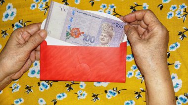 Rm100, Rm50 notlar, Malezya para kırmızı paket para birimiyle holding kadınlar eller. Seçilen odak. Yakın çekim.