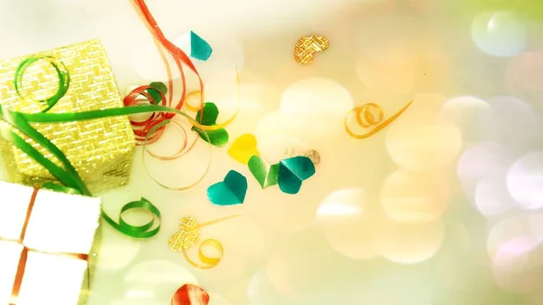 Colourful Heart Shape Ribbon Small Gift Boxes Colorful Bokeh Flare — Stock Photo, Image